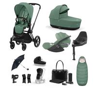 Cybex Priam 3-in-1 Travel System with Cloud T Car Seat & Base 12-Piece Bundle - Black/Leaf Green
