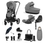 Cybex Priam 3-in-1 Travel System with Cloud T Car Seat & Base 12-Piece Bundle - Black/Mirage Grey