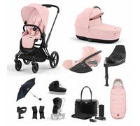 Cybex Priam 3-in-1 Travel System with Cloud T Car Seat & Base 12-Piece Bundle - Black/Peach Pink