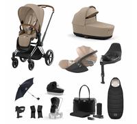 Cybex Priam 3-in-1 Travel System with Cloud T Car Seat & Base 12-Piece Bundle - Chrome/Cozy Beige