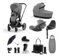 Cybex Priam 3-in-1 Travel System with Cloud T Car Seat & Base 12-Piece Bundle - Chrome/Mirage Grey