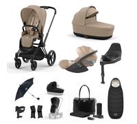 Cybex Priam 3-in-1 Travel System with Cloud T Car Seat & Base 12-Piece Bundle - Rose/Cozy Beige