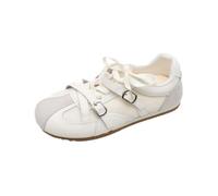 CYBHSM Women's Ballet Style German Trainer Shoes with Lace-up and Double Buckle Closure, Fabric Patchwork Upper with Rubber Sole for Casual Daily Wear Size 35-40 Beige