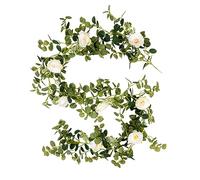 Cyblinia Eucalyptus Garland with Camellias Flowers, 6 FT Artificial White Flower Garland Floral Vines Garland Decorations Table Garland 1 Piece Eucalyptus Leaves Vines for Wedding Party Decor