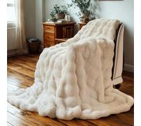 Cybrix Luxury soft warm blanket, bubble design rabbit faux fer throw,plush fleece, thick throw blanket for sofa & bed, fluffy blanket adults,kids&pets (Cream White, 160x130cm(SofaThrow/Single))