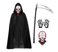 CYCFMYYLY 4PCS Grim Reaper Halloween Costumes, Grim Reaper Black Cape with Skull Mask Scythe Skeleton Gloves, Scary Fancy Dress for Women Men Halloween Cosplay Outfits