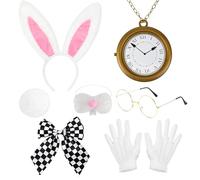CYCFMYYLY 7 PCS White Rabbit Costume Accessories, Include White Bunny Headband Bunny Nose Tail Gloves Pocket Watch Glasses And Bowtie, Bunny Outfit for Easter, Halloween, Theme Parties