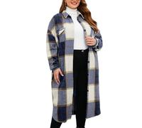 CYCLAMEN 2024 Women's Plus Size 1X-5X Long Flannel Plaid Shacket Jacket Calf-Length Button Down Coat Shirt Pocket Fall Winter, Dark Blue, 4XL Plus