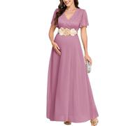 Cyclamen Maternity Dress Lace Wrap V-Neck Flowy A-Line Maxi Ruffle Sleeve Chiffon Gown for Baby Shower Wedding Guest, Plum Pink, Belt Not Included, XL