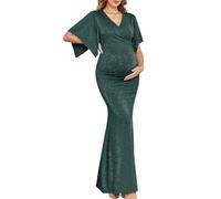 CYCLAMEN Maxi Maternity Dress Sparkly Baby Shower Semi Formal Wedding Guest V-Neck Handkerchief Sleeves Elegant Pregnancy, Sparkly Dark Peacock Blue, M
