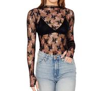 CYCLAMEN Mesh Printed Layering Top for Women Long Sleeve Mock Neck Floral Embroidery Sheer Lace See Through Blouse, Floral, 2, S