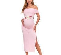 CYCLAMEN Off Shoulder Maternity Mesh Split Dress Ruched Fitted Pregnancy Dresses Baby Shower Photoshoot, Without Belt, Light Pink, M