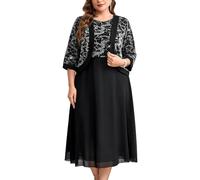 CYCLAMEN Plus Size Mother of The Bride Dress 2 Piece Set with Jacke Chiffon A-Line Sparkly Gown for Wedding Guest Formal, Silver & Black, L Plus