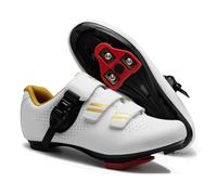 Cycling Shoes for Men Women Compatible with Peloton Bike, Indoor Spin Shoes with Pre-Installed Delta Cleats, Comfortable & Safe Unisex Outdoor Road Cycling Shoes, Gold+white, 11.5 Women/9.5 Men