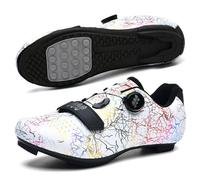 Cycling Shoes Mens Womens, Breathable Outdoor Indoor Sneaker Comfort Bicycle Shoe Non-Slip Rubber Sole No-Lock Bike Shoes with Spin Shoestring Flat Pedal Biking Trainers-White||Numeric_6