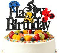 Cycling Theme Cake Topper, Mountain Bike Birthday Cake Decoration, Pre-Assembled Food Grade Glitter Card for Adult Party