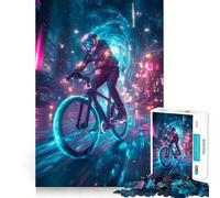 Cyclist in Neon City Jigsaw Puzzles for Teenagers 1000 Piece Logic Train Skill Play Fun Play Evening Game (38x26cm)