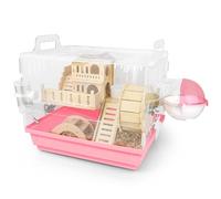 Cycodo 8-in-1 Acrylic Hamster Cages and Habitats, Dwarf Hamster Cage, Small Animal Cage Made of Wood with Accessories and Toys, 2-Tier Small Animal House, for Mice, Gerbils (Pink, 14 x 11 x 10 inches)