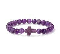 CYDXD 8mm Natural Stone Bracelet,Natural Amethyst with Cross Charm Elastic Adjustable Beaded Bangles for Men Women Christian Pray Devotees Gifts 8mm