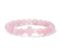 CYDXD Cross Natural Stone Bracelet,8mm Rose Quartz Bead with Cross Charm Handmade Beaded Bangles for Women Girls Jesus Christian Gifts 8mm