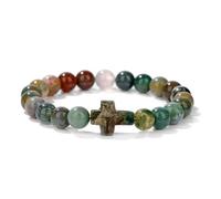 CYDXD Natural Stone Bracelet for Men Women,8mm Handmade Beaded with Crosses Adjustable Stretch Natural Gemstone Bangles for Religious Gifts Indian Agate 8mm