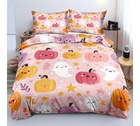 CYDXD Pink Girls Halloween Duvet Cover Super King Cute Pumpkins Ghosts and Yellow Stars Bedding Set Kawaii Cartoon Style Quilt Cover for Kids Toddler Child'S Room Decor Super King