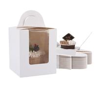 CYEER 100 Pack Cupcake Boxes Single, White Individual Cupcake Boxes with Handles, 1 Hole Cake Box with Window and 3 Sheets of Stickers for Wedding Birthday Party Favors