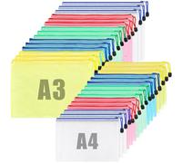 CYEER 30 PCS Plastic Zip Wallets, A4 Folder, Plastic Mesh Zipper Pouches Bags for Office Supplies Home School Travel Accessories - Assorted Colours(A3&A4)