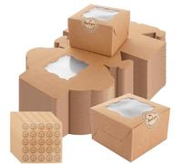 CYEER 50 Pcs 6 Inch Cake Box, Small Cake Boxes with Window, Individual Cupcake Box for Cake Portions with Stickers for Cupcakes Cookie Donuts, 6 x 6 x 3 inch