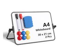 CYEER Dry Erase A4 Whiteboard Set of 2, Double Sided Magnetic Mini Whiteboard and Pen, Small Whiteboards with Stand, Including 6 Pens, 2 Eraser, 6 Magnets, for School, Office