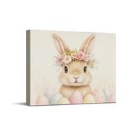 CYFDYVT Floral Crown Bunny with Easter Eggs Artwork, Cute Spring Rabbit Illustration Prints, Pastel Nursery Wall Art Decor Scene, Easter Theme Home Decorations, Wrapped Canvas Artwork, 8x10 inch