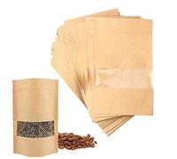 CYH 50Pcs Self-Sealing Kraft Paper Bags - Reusable Food Storage Pouches with Transparent Window - Stand Up Pouch - for Food Tea Coffee Beans Nuts Seeds Dried Fruits (9x14cm)