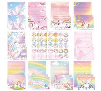 Cyiecw 160 Pieces Unicorn Letter Writing Paper and Envelopes Set (10 Colours), 50 A5 Colourful Printed Letterheads and 50 Envelopes, Stationery Girls with 60 Sticker, Idea Writing Paper for Girls