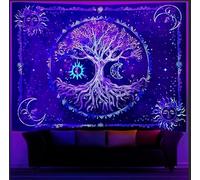 Cyiecw Black Light Aesthetic Tapestry, UV Reactive Sun, Moon and Tree of Life Decorative Tapestry, Fluorescent Plants Forest Wall Towel, Wall Hanging, Living Room Decoration (200 x 150 cm) (Sun-Moon)