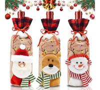 Cyiecweu 3 Pieces Christmas Bottle Bags, Christmas Wine Bottle Covers with Drawstring, Wine Bottle Decor with Snowman, Reusable Santa Claus and Reindeer Motifs for Festive Celebrations