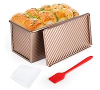 Cyimi Gold Pullman Loaf Tins with Lid Non-Stick Bread Tin Toast Mold with Cover Carbon Steel Corrugated Bread Tins 1lb 450g Dough Loaf Tin with Dough Scraper Cutter & Oil Brush (21.3x11.7x11.4cm)