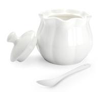 Cyimi Sugar Bowl White Sugar Jar, Ceramic Porcelain Sugar Pot with lid and Spoon, Salt Container for Coffee Bar, Lotus-Shaped Seasoning Conditment for Home Kitchen, 9 oz/ 255 ml