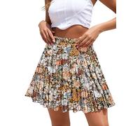 CYiNu Short Skirt for Women Summer Boho Flowy Elastic High Waisted A Line Chiffon Tiered Pleated Mini Skirt, Coffee Floral, XL