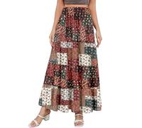 CYiNu Women's Maxi Skirt Elastic High Waisted Chiffon Two Color Patchwork Boho Long Skirts, Splice Red Green-red White Floral, XL