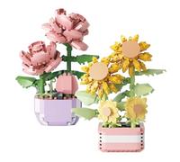 CYIOU 2 Pieces Mini Flowers Building Blocks Set Artificial Potted Flowers Blocks Botanical Collection Flower Home Decor for Adults Kids Ages 7+ (Rose 317 Pcs Sunflowers 367 Pcs)