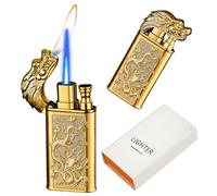 CYJBAO Relief Dragon Dual Flame Lighter - Windproof Adjustable Jet Flame and Soft Flame, Refillable Butane Lighter for Candle, BBQ, Kitchen, Camping(Without Butane)-Gold