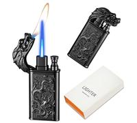 CYJBAO Relief Dragon Dual Flame Lighter - Windproof Adjustable Jet & Soft Flame, Refillable Butane Lighters for Candle, BBQ, Kitchen, Camping(Without Butane)-Black