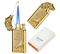 CYJBAO Relief Wolf Dual Flame Lighter - Windproof Adjustable Jet & Soft Flame, Refillable Butane Lighters for Candle, BBQ, Kitchen, Camping(Without Butane)-Gold Wolf