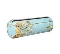 Cykazhst Beach Theme Seashells Leather Pencil Case Pencil Pouch Cute Zippered Pen Case for Work & Office Silver