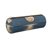 Cykazhst Bright Moon at Sea Hippie Leather Pencil Case Pencil Pouch Cute Zippered Pen Case for Work & Office Gold