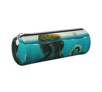 Cykazhst Disguised Giant Octopus at Surface of Sea Leather Pencil Case Pencil Pouch Cute Zippered Pen Case for Work & Office Silver
