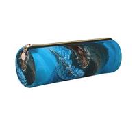 Cykazhst Dragon Cool Blue Leather Pencil Case Pencil Pouch Cute Zippered Pen Case for Work & Office Gold