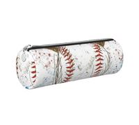 Cykazhst Hand Drawn Baseball Bats and Ball Leather Pencil Case Pencil Pouch Cute Zippered Pen Case for Work & Office Silver