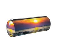 Cykazhst Last Sun Rays of Over The Sea Waves Leather Pencil Case Pencil Pouch Cute Zippered Pen Case for Work & Office Silver