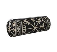 Cykazhst Magical Design Norse Runes Compass Leather Pencil Case Pencil Pouch Cute Zippered Pen Case for Work & Office Silver